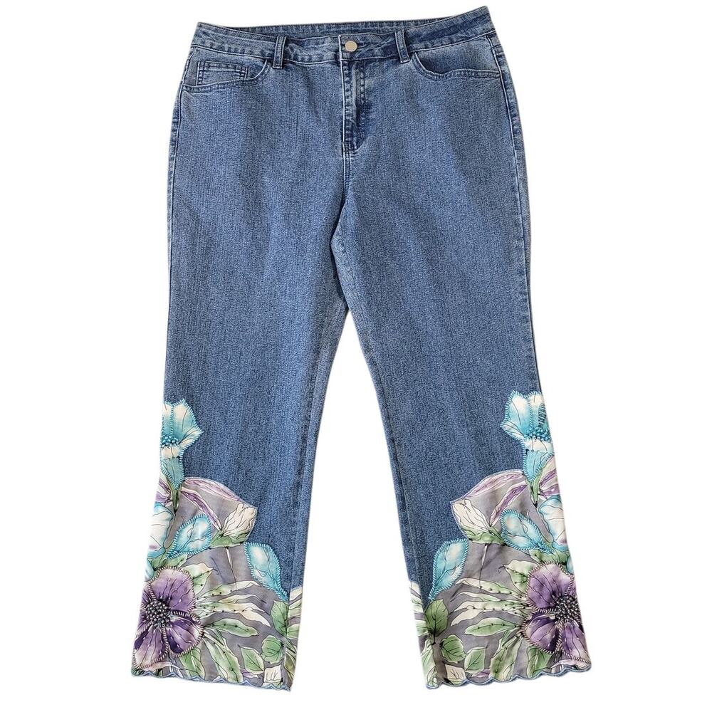 Soft Surroundings Women’s Blue Cropped Slim Stretch Jeans Embroidered Hem 12P